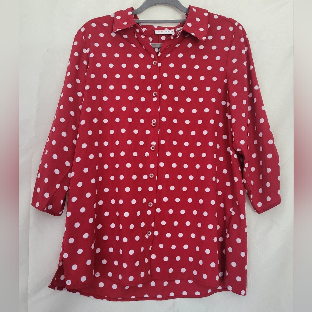 Susan Graver Red Polka Dot Blouse Sz Small